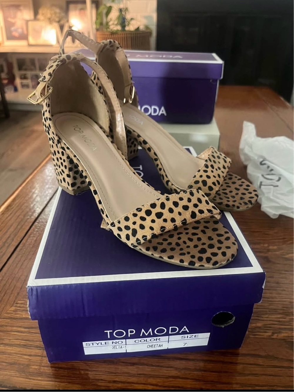 TOP Moda Tan and Black Cheetah Block Heel Sandals